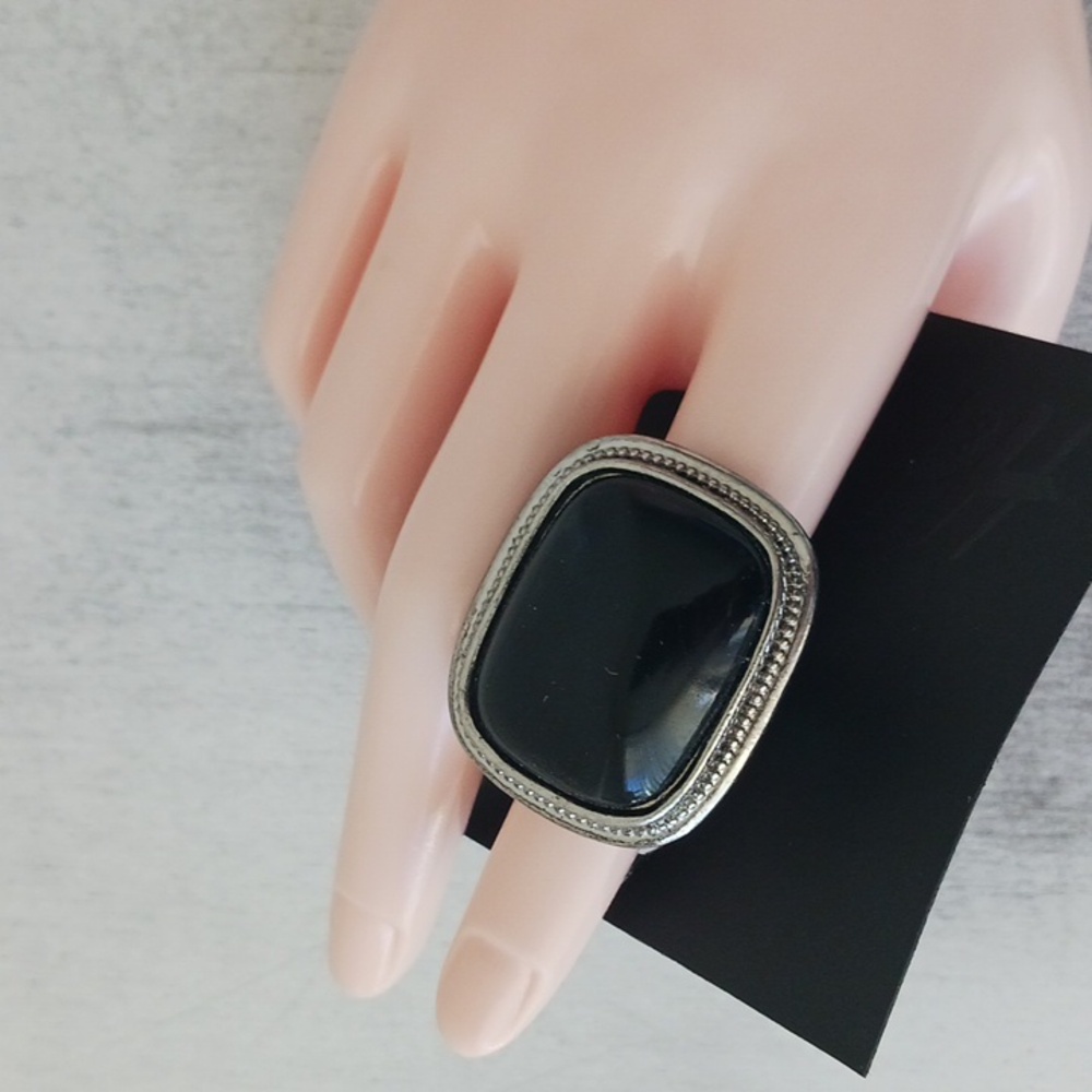 H&M Black Square Fx. Onyx and Dark Grey Statement Ring Sz. M